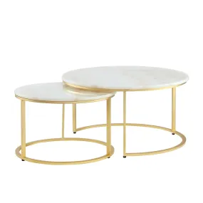 Set of Two 31 White And Gold Genuine Marble And Iron Round Nested Coffee Tables