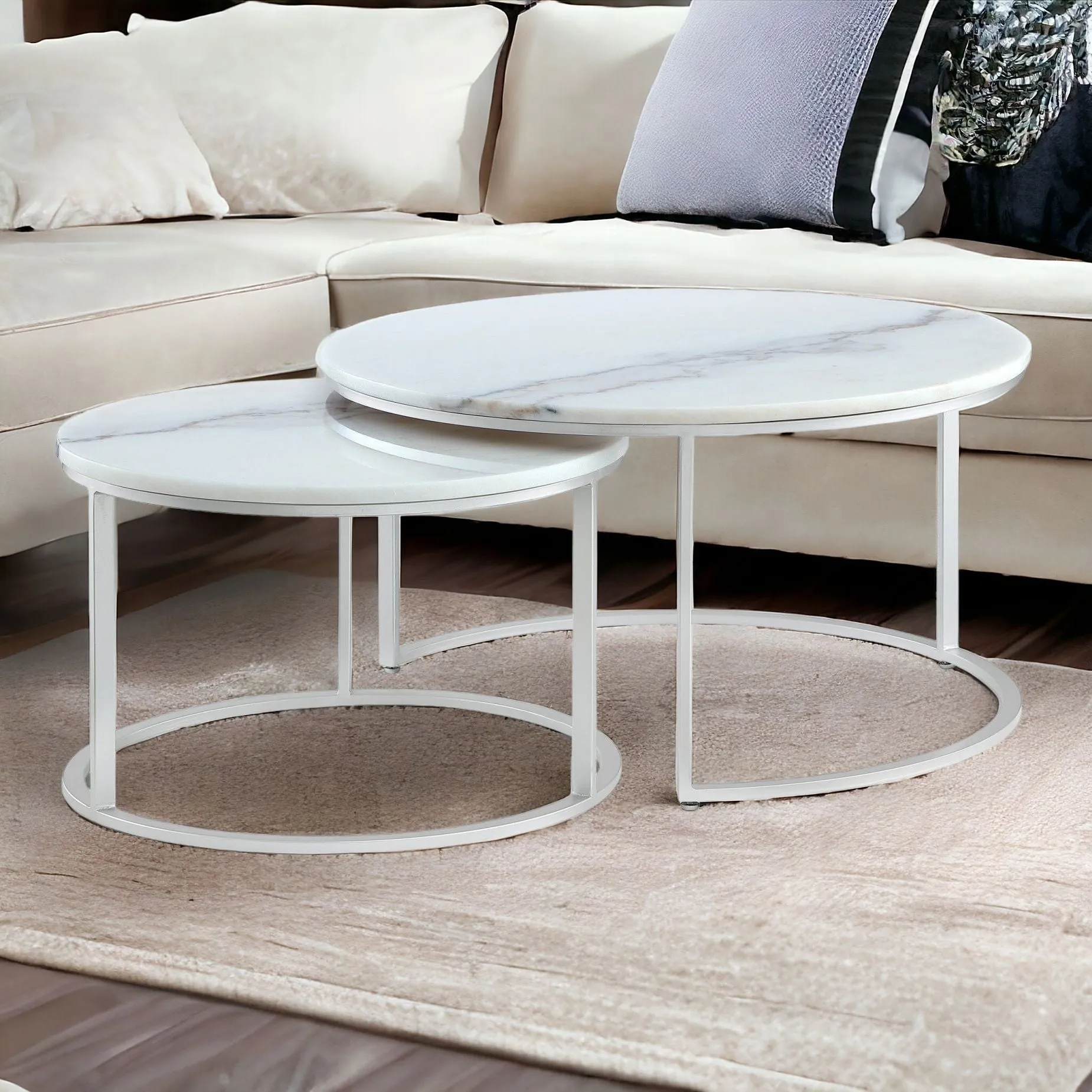 Set of Two 31 White And Gold Genuine Marble And Iron Round Nested Coffee Tables