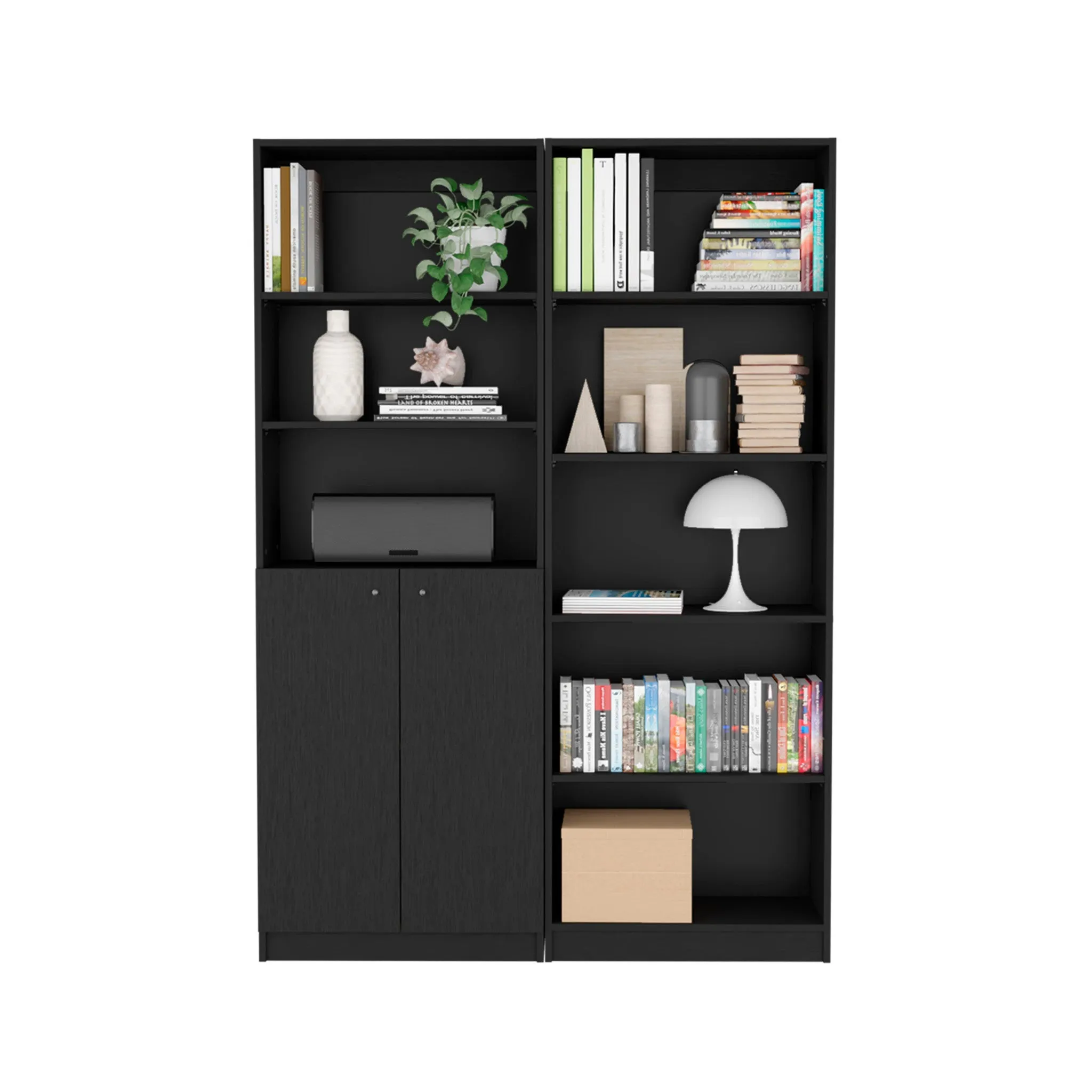 Set of Two 71 Black Five Tier Bookcase With Two Doors