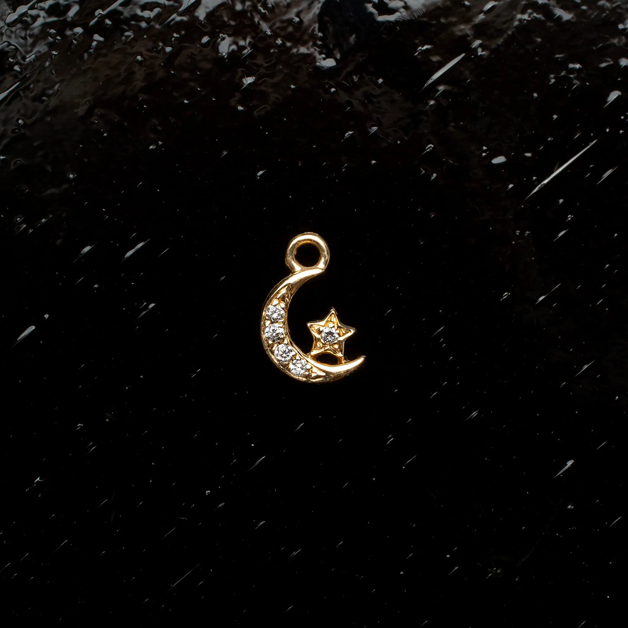 Single Diamond Pavé Moon Huggie Charm - 14K Solid Gold