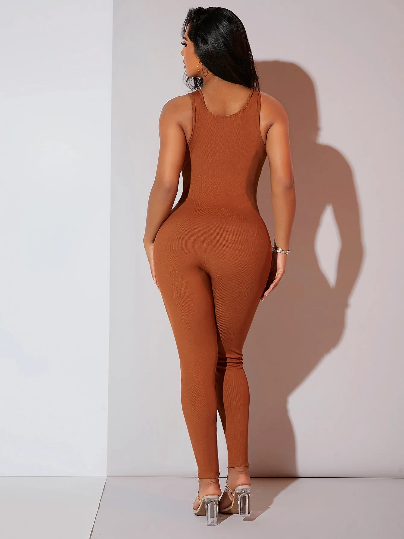 Solid Ribbed Knit Unitard Jumpsuit