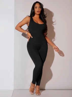 Solid Ribbed Knit Unitard Jumpsuit