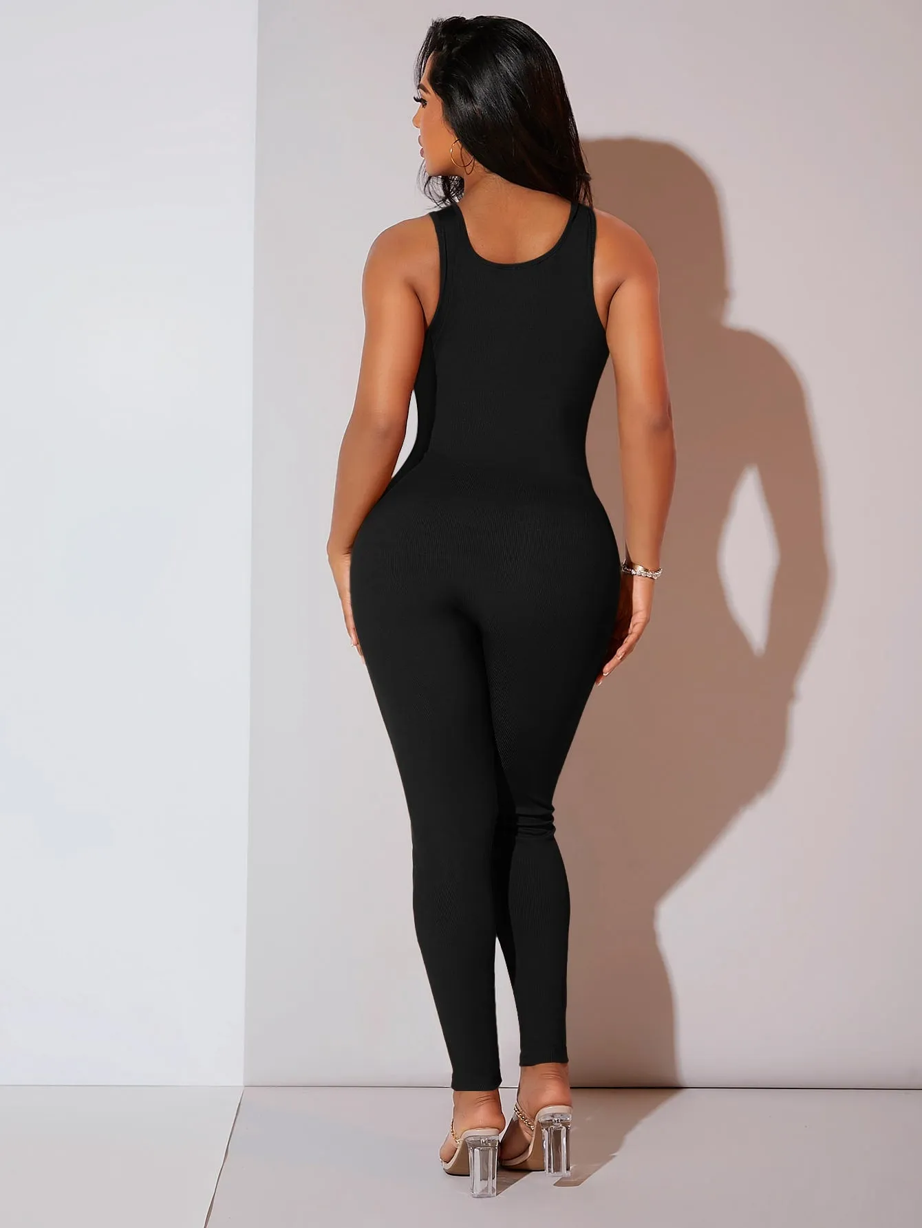 Solid Ribbed Knit Unitard Jumpsuit