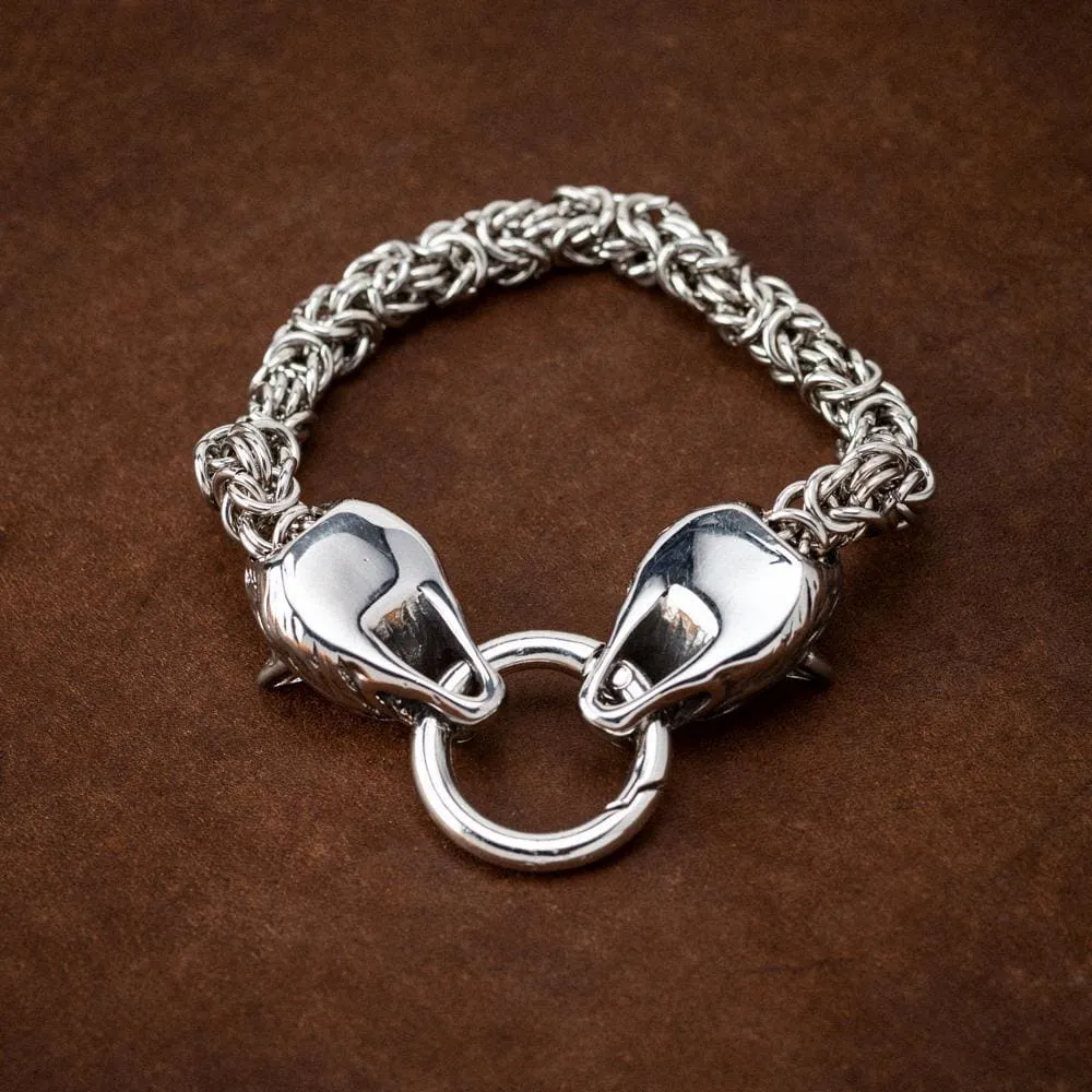 Stainless Steel Wolf Head Woven Kings Chain Bracelet