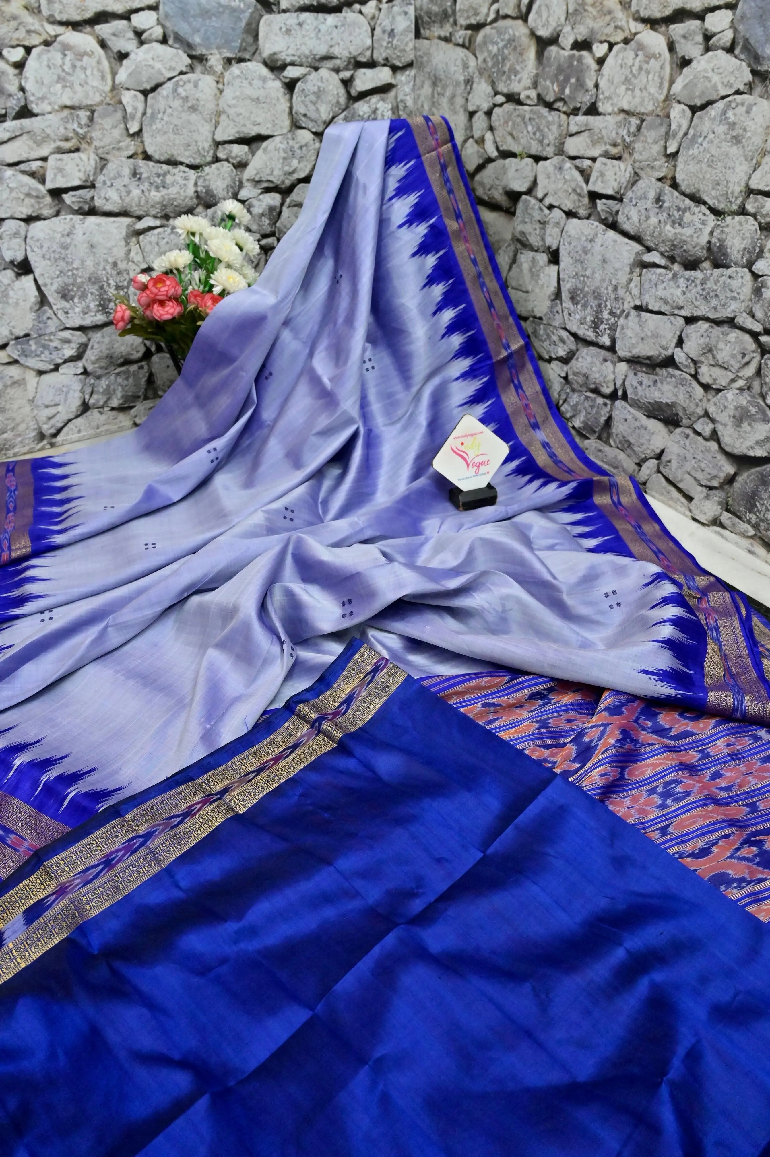 Steel Blue Color Sambalpuri Silk Saree with Temple Border