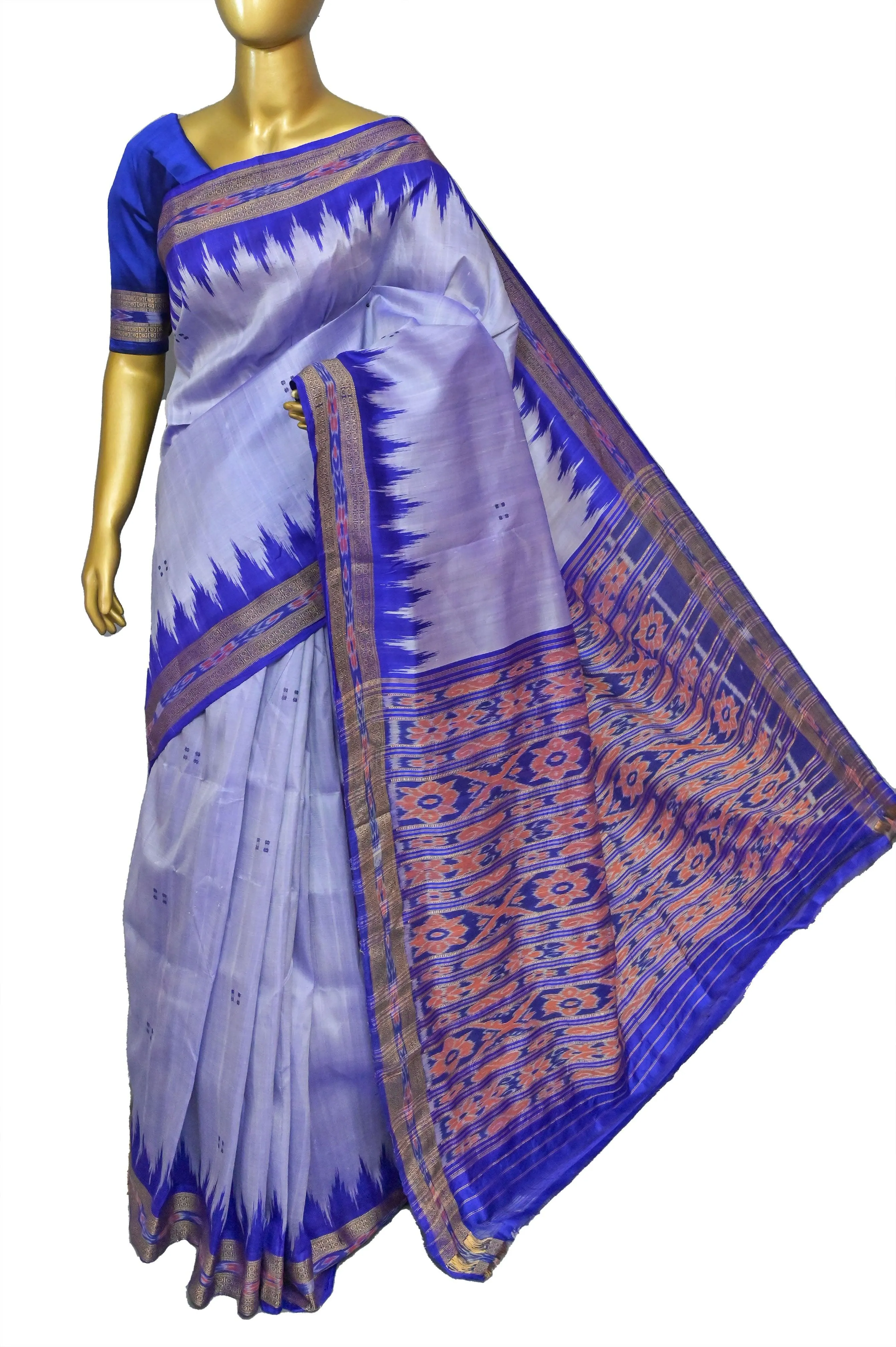 Steel Blue Color Sambalpuri Silk Saree with Temple Border