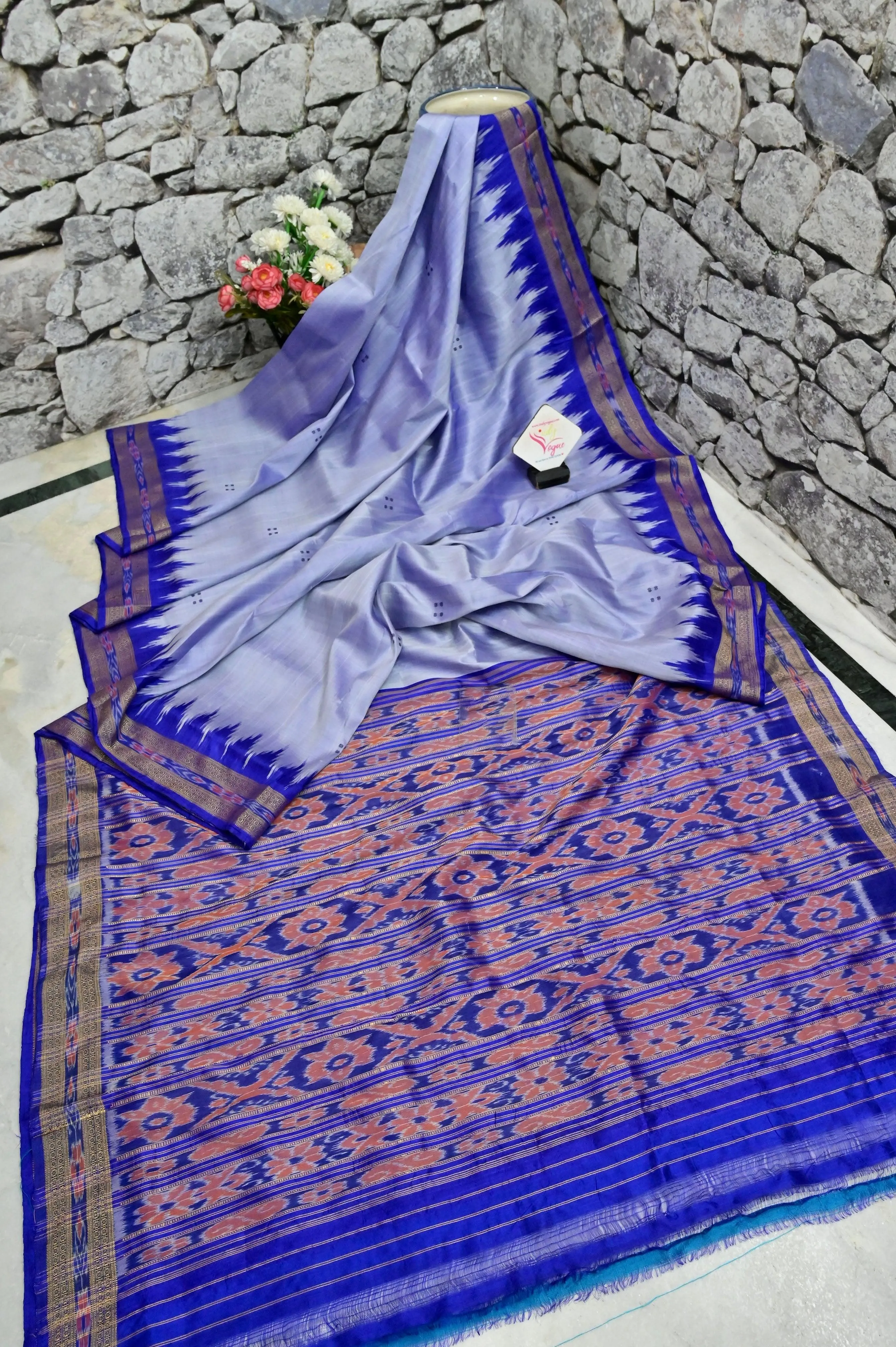 Steel Blue Color Sambalpuri Silk Saree with Temple Border