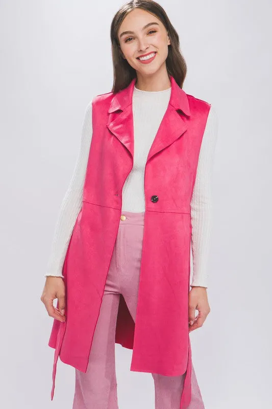 Suede Solid Waist Tie Long Vest