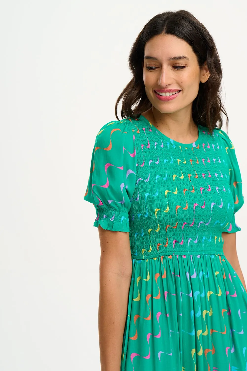 Sugarhill Brighton Rosita Green Undulating Waves Midi Shirred Dress