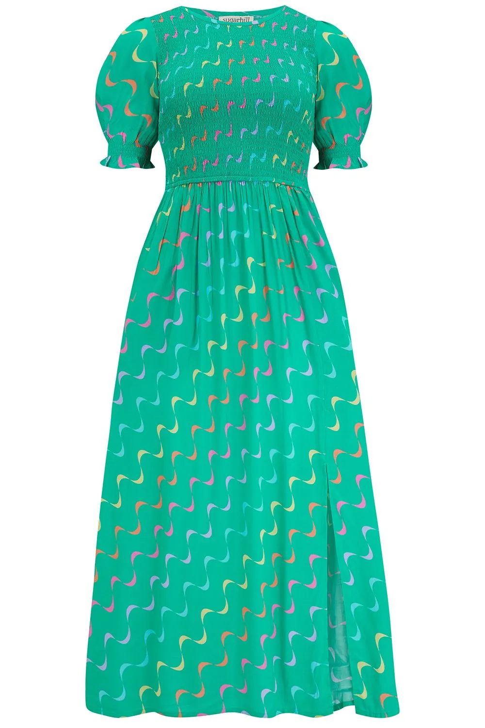 Sugarhill Brighton Rosita Green Undulating Waves Midi Shirred Dress