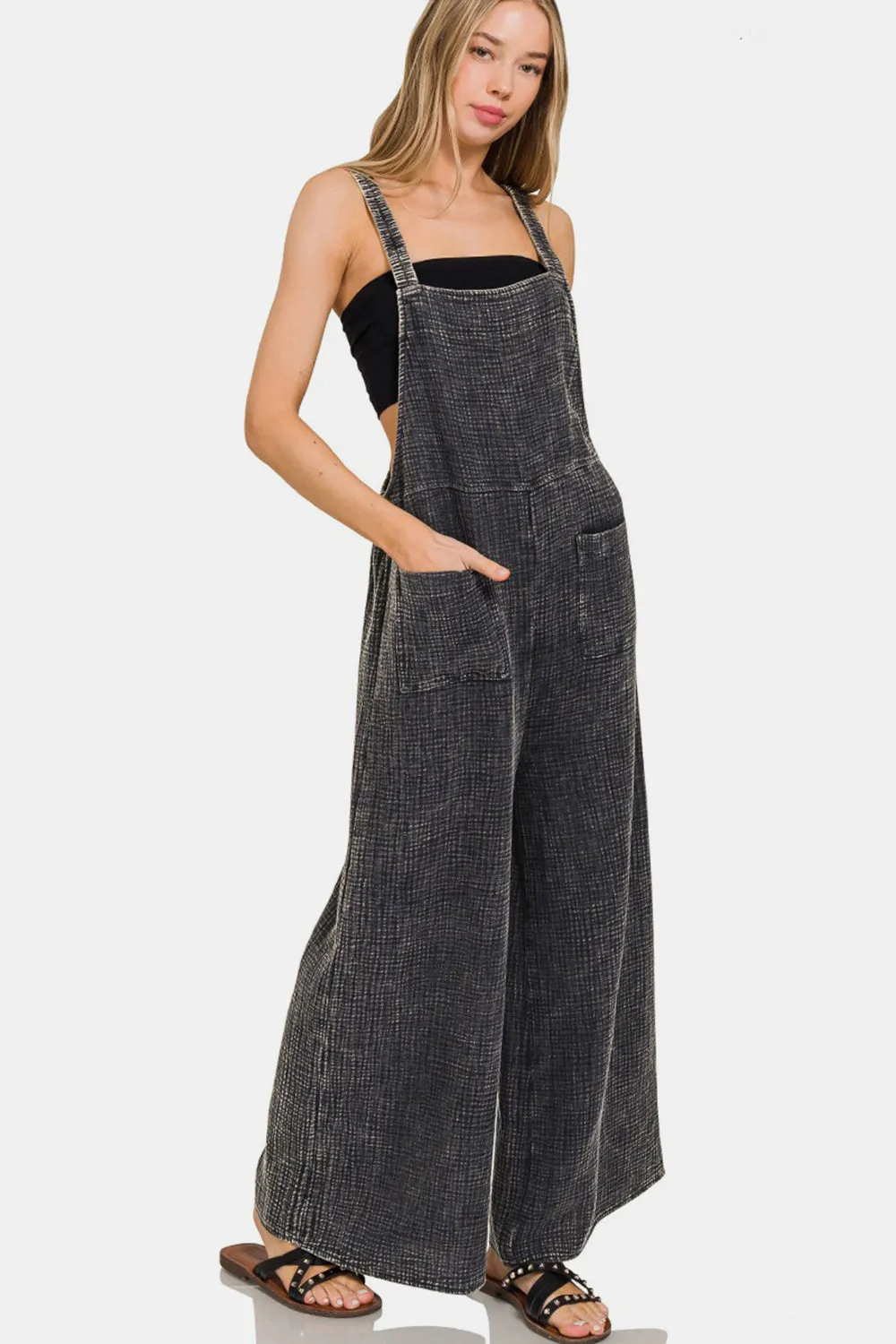 Sunset and Swim Washed Double Gauze Elastic Waist Wide Leg Overalls