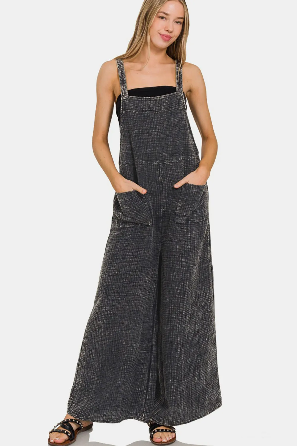 Sunset and Swim Washed Double Gauze Elastic Waist Wide Leg Overalls