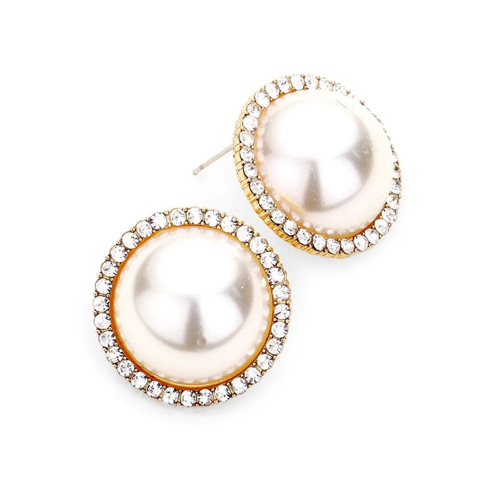 Sweet Crystal Pave Trimmed Pearl Stud Evening Earrings