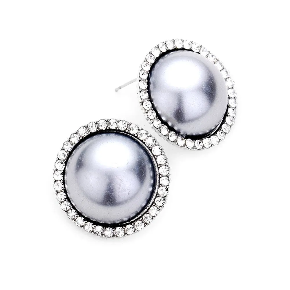 Sweet Crystal Pave Trimmed Pearl Stud Evening Earrings