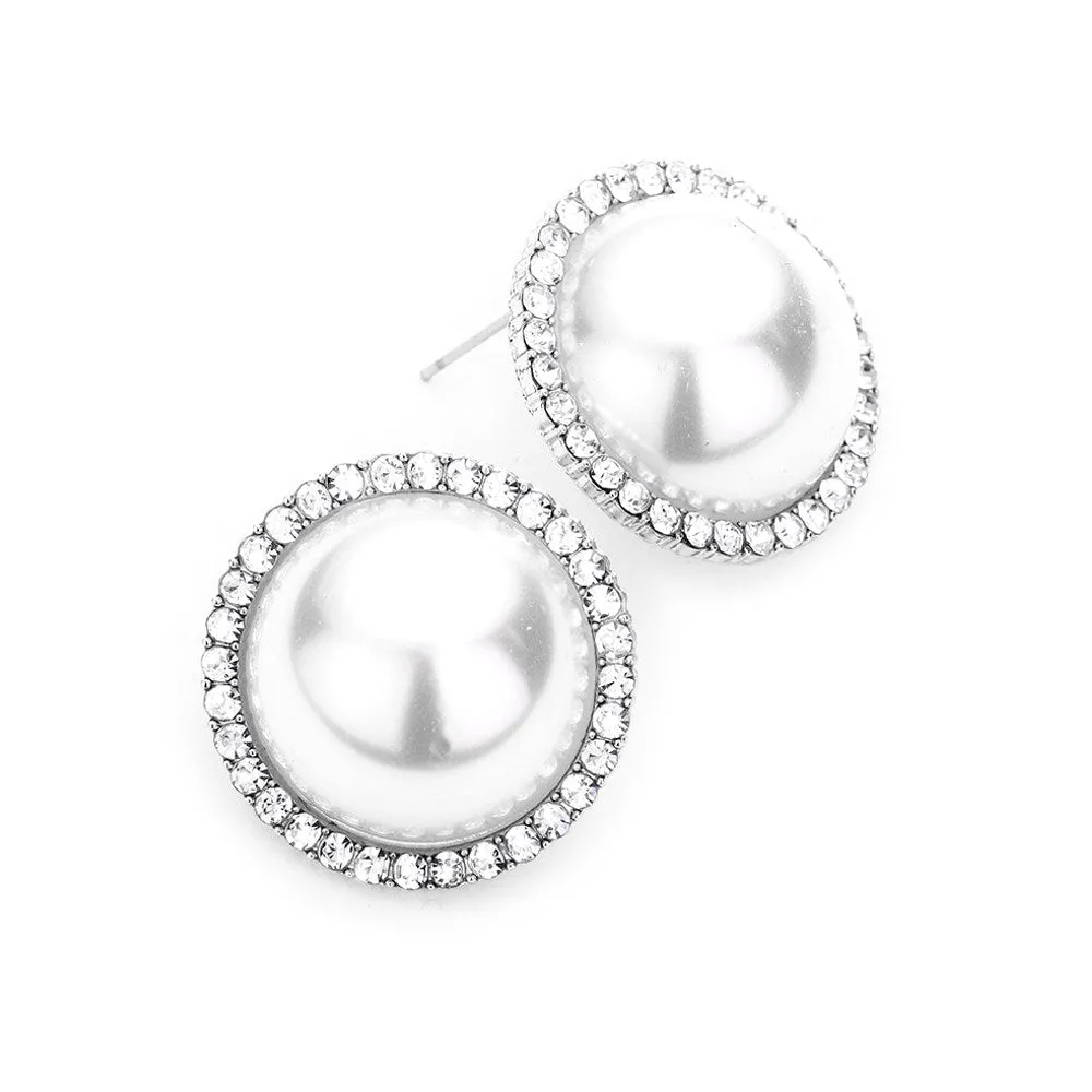 Sweet Crystal Pave Trimmed Pearl Stud Evening Earrings