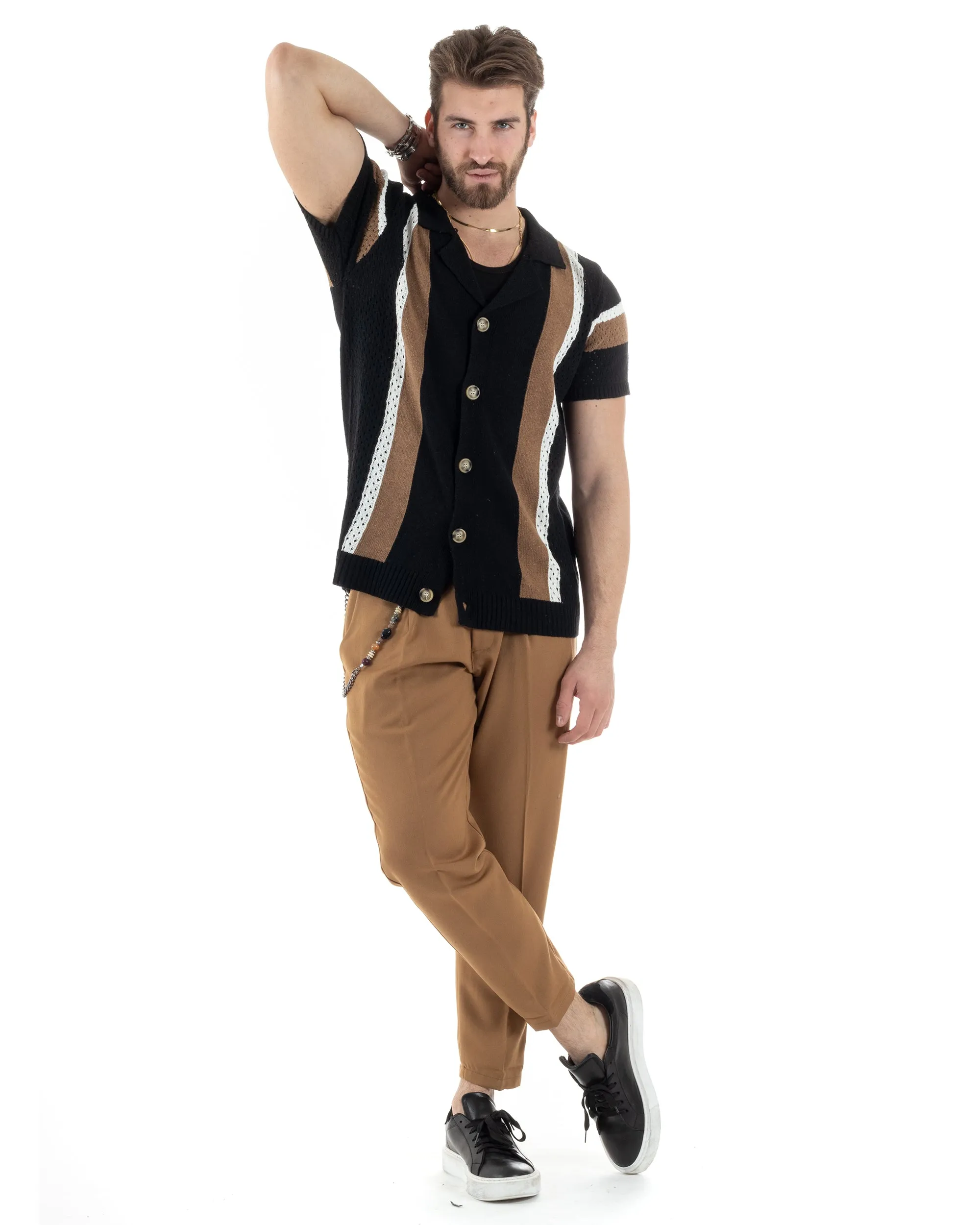 T-shirt Uomo Maglia Polo Traforata Ricamata Cardigan Manica Corta Con Bottoni Nero Casual GIOSAL-TS2987A