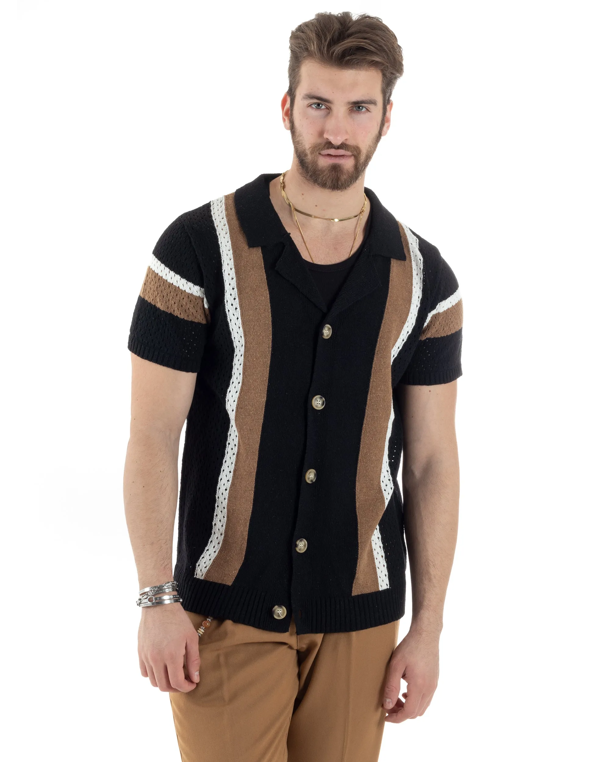 T-shirt Uomo Maglia Polo Traforata Ricamata Cardigan Manica Corta Con Bottoni Nero Casual GIOSAL-TS2987A