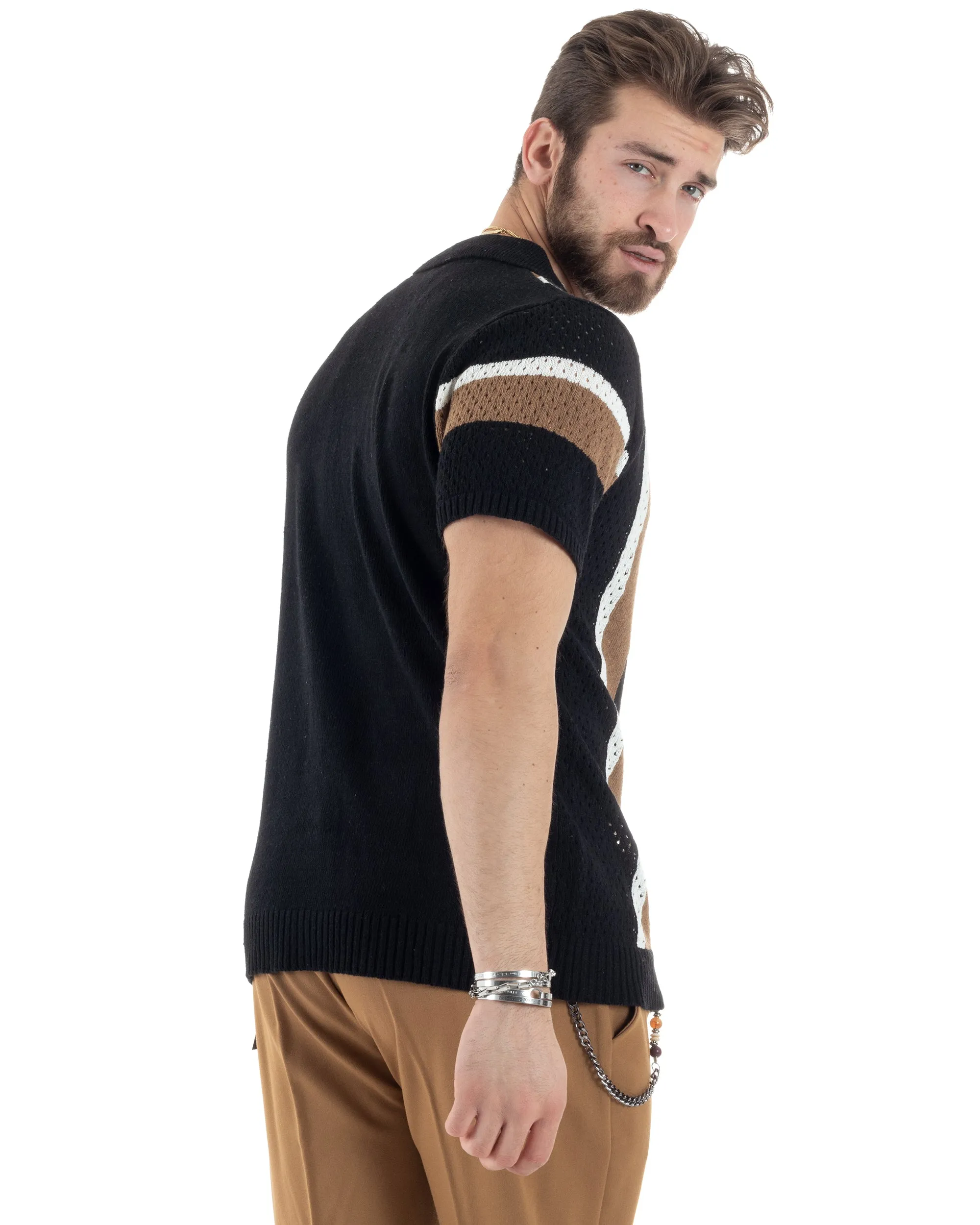 T-shirt Uomo Maglia Polo Traforata Ricamata Cardigan Manica Corta Con Bottoni Nero Casual GIOSAL-TS2987A