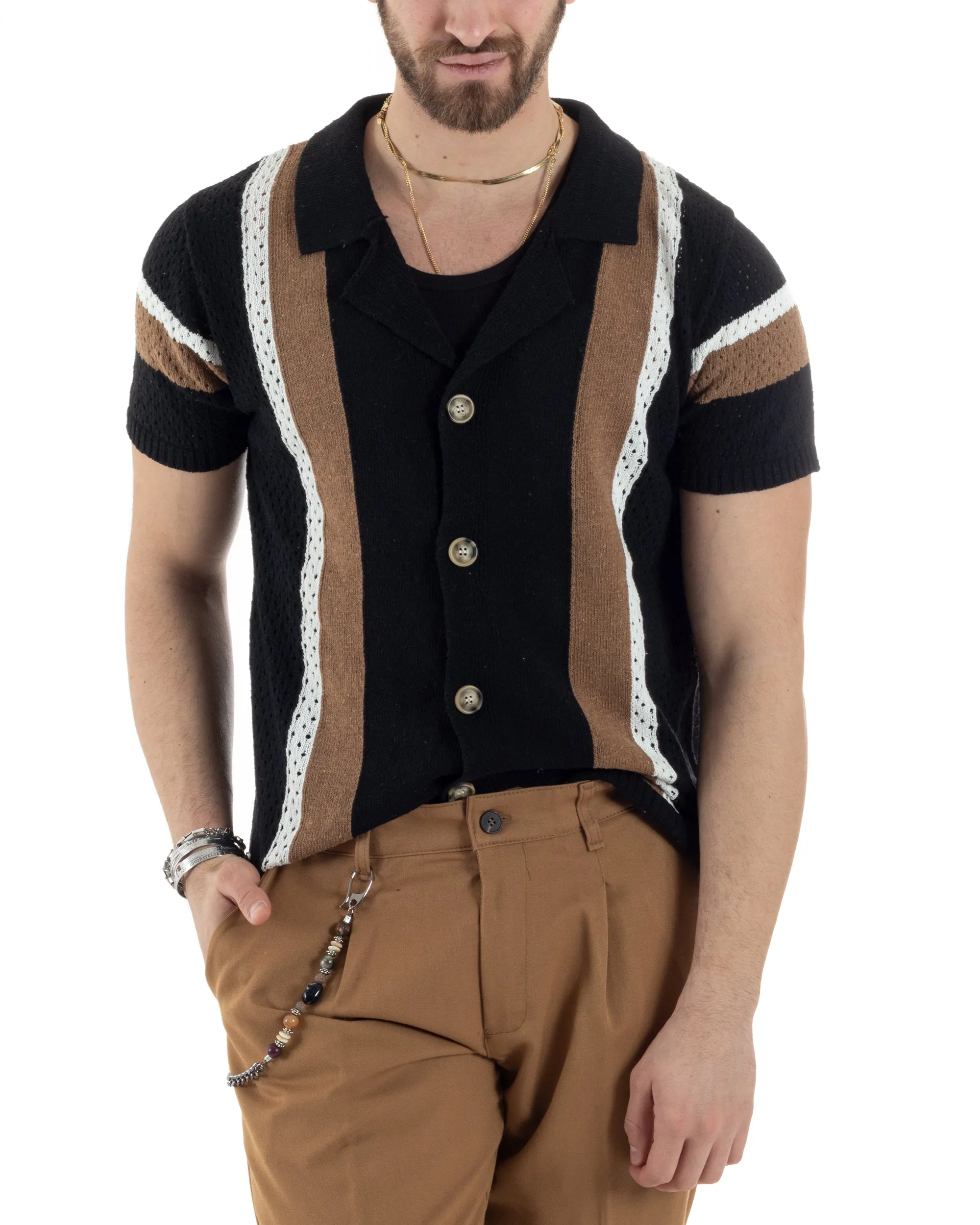 T-shirt Uomo Maglia Polo Traforata Ricamata Cardigan Manica Corta Con Bottoni Nero Casual GIOSAL-TS2987A