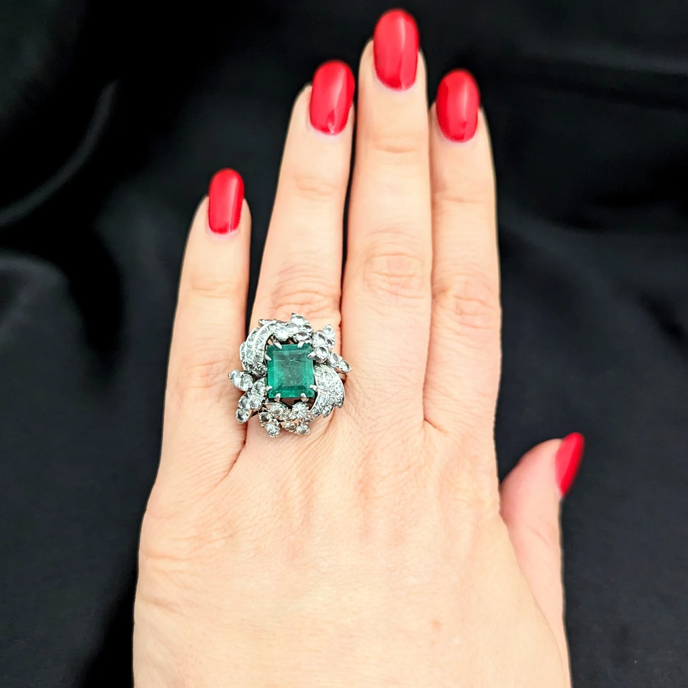 The Alston - Vintage GIA Graded Emerald Diamonds White Gold Cocktail Ring