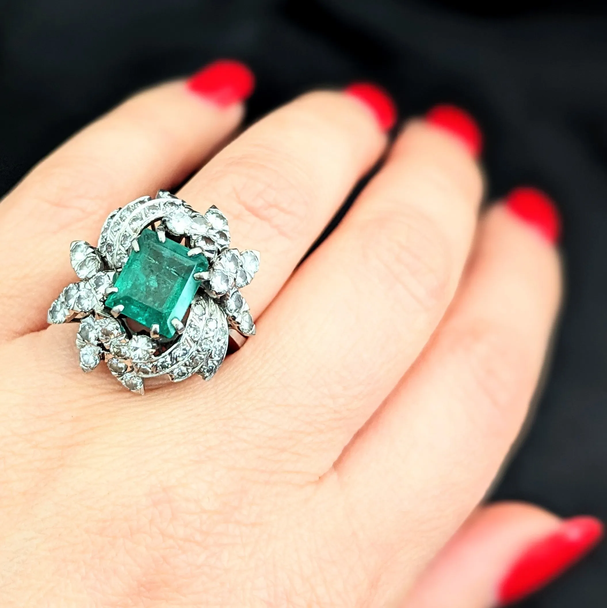 The Alston - Vintage GIA Graded Emerald Diamonds White Gold Cocktail Ring