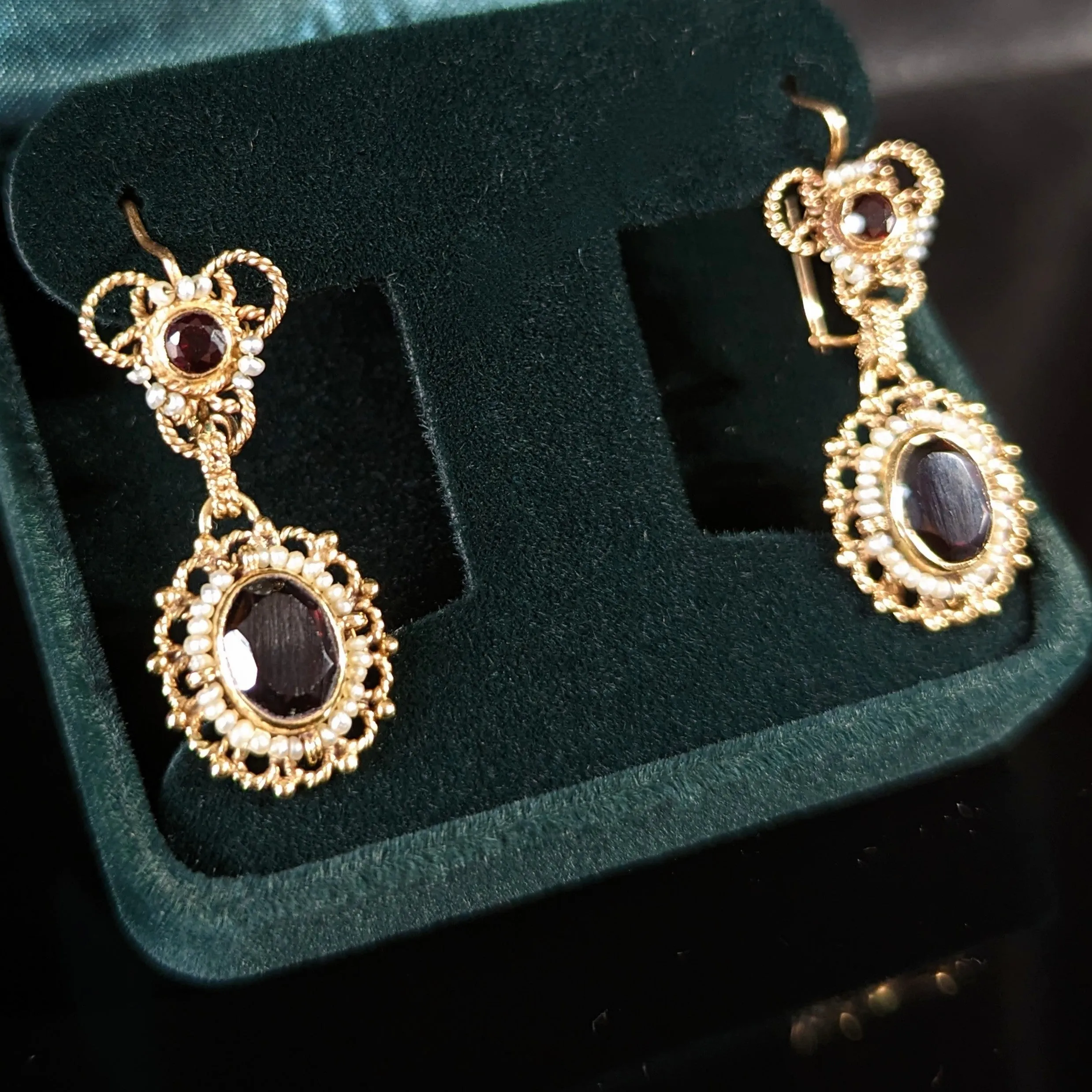 The Ogden - Vintage Garnet Seed Pearl 14k Gold Earrings