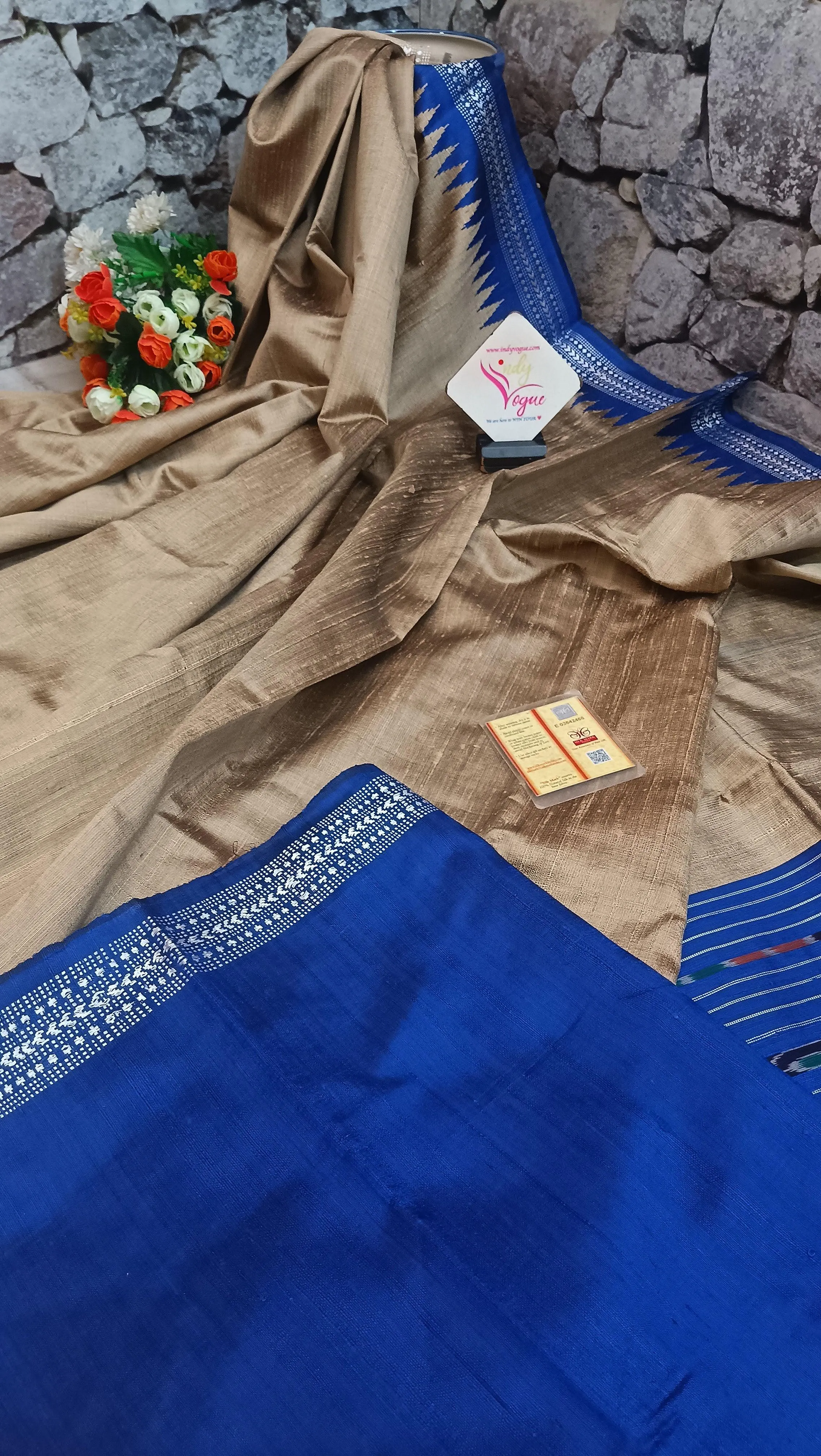 Tussar Golden and Blue Color Pure Raw Silk with Ikkat Pallu and Vidharbha Border