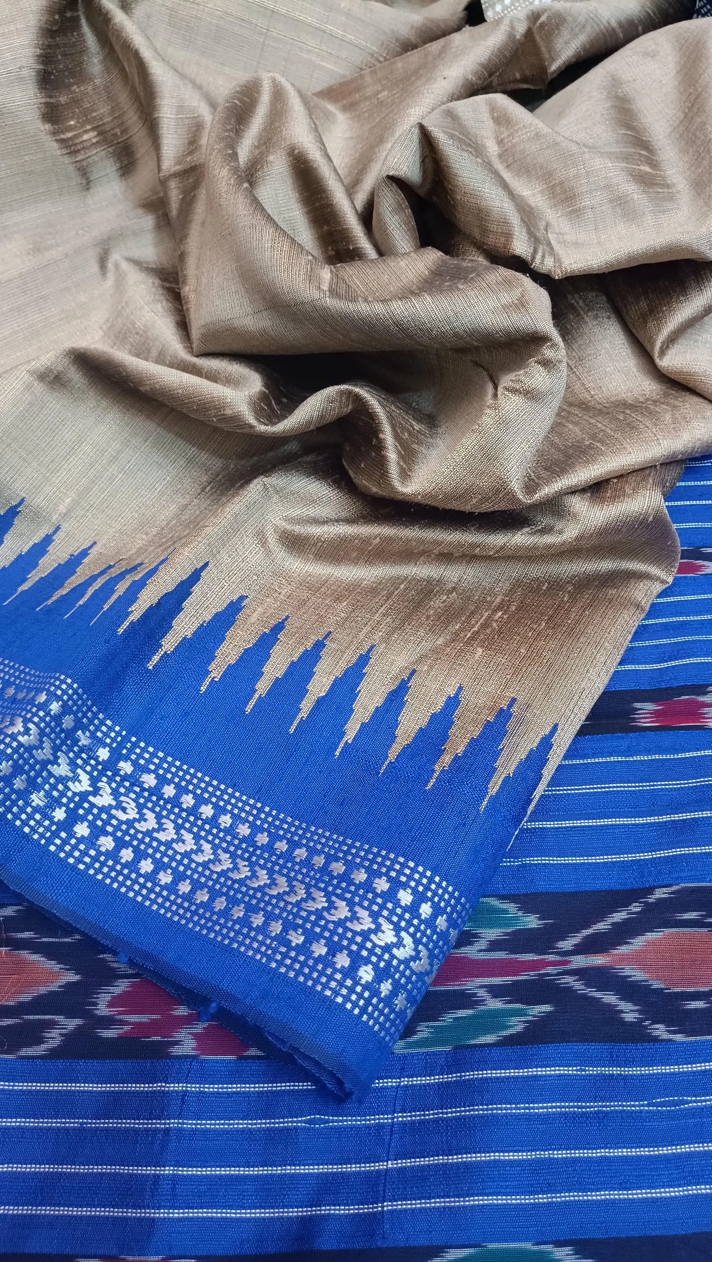 Tussar Golden and Blue Color Pure Raw Silk with Ikkat Pallu and Vidharbha Border