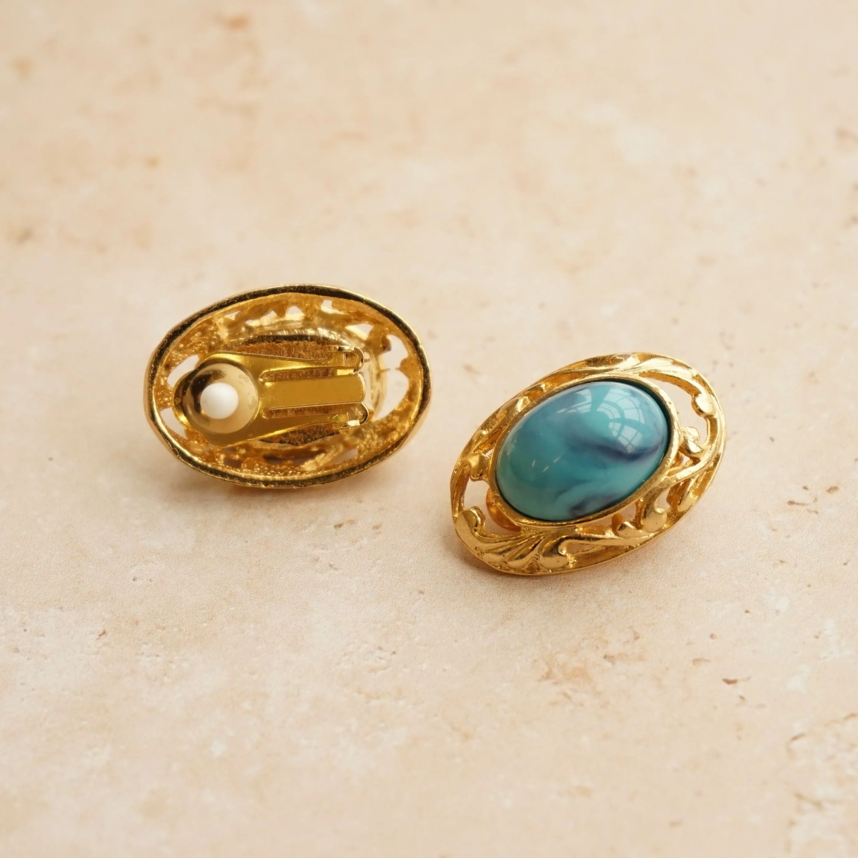 Vintage Metal & Stone Oval Clip-On Earrings