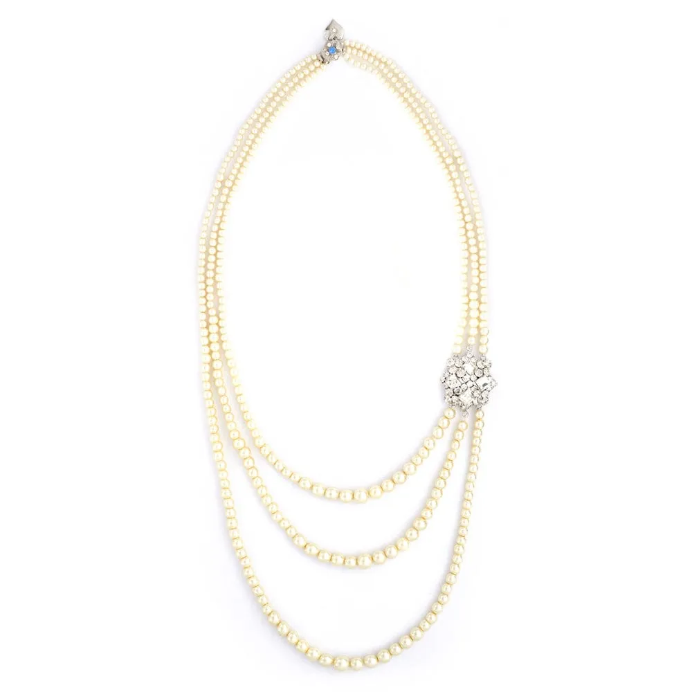 Vintage Pearl Necklace: 3 Strand Statement Pearl Necklace with Crystal Pendant