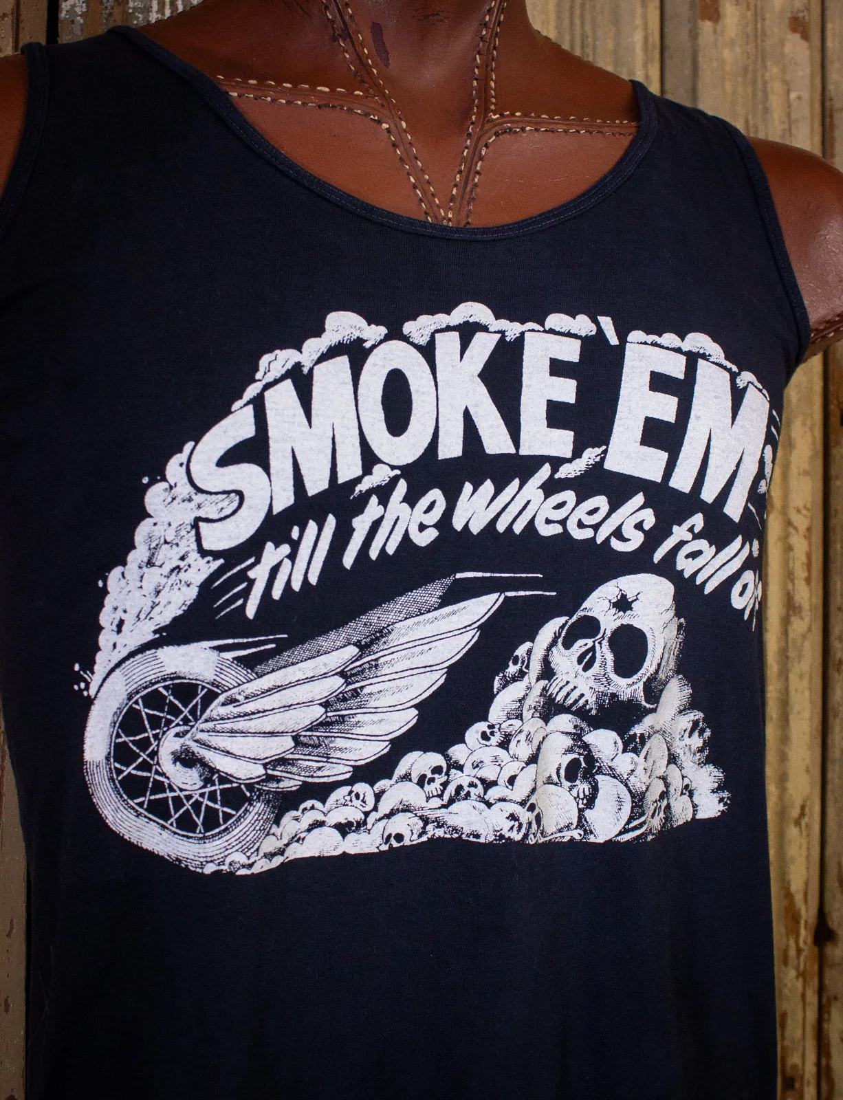 Vintage Smoke Em Till The Wheels Fall Off Graphic T Shirt Tank 80s Black Small