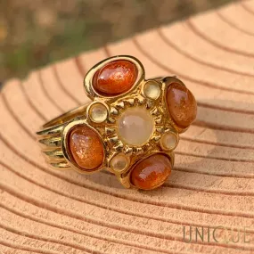 Vintage Sterling Silver Gold Plated Ring With Opal And Amber Stones