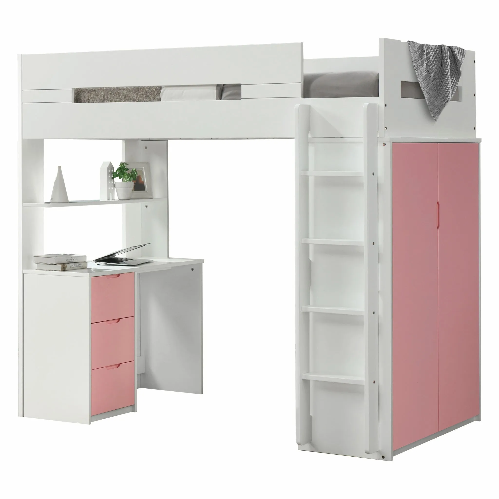 White And Gray Twin Loft Bed And Desk