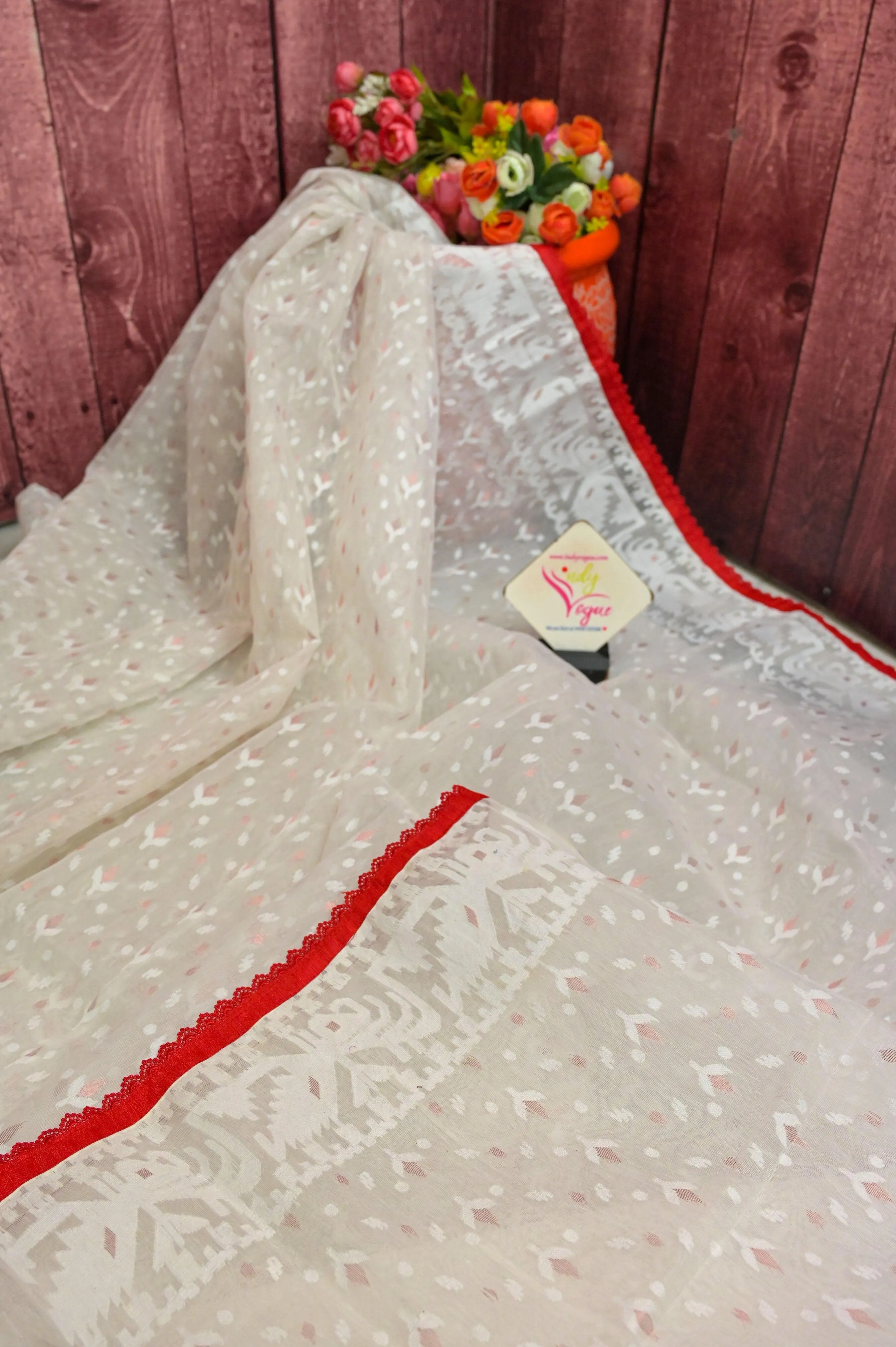 White Color Jamdani Saree with Allover Copper Buti and Red Lace