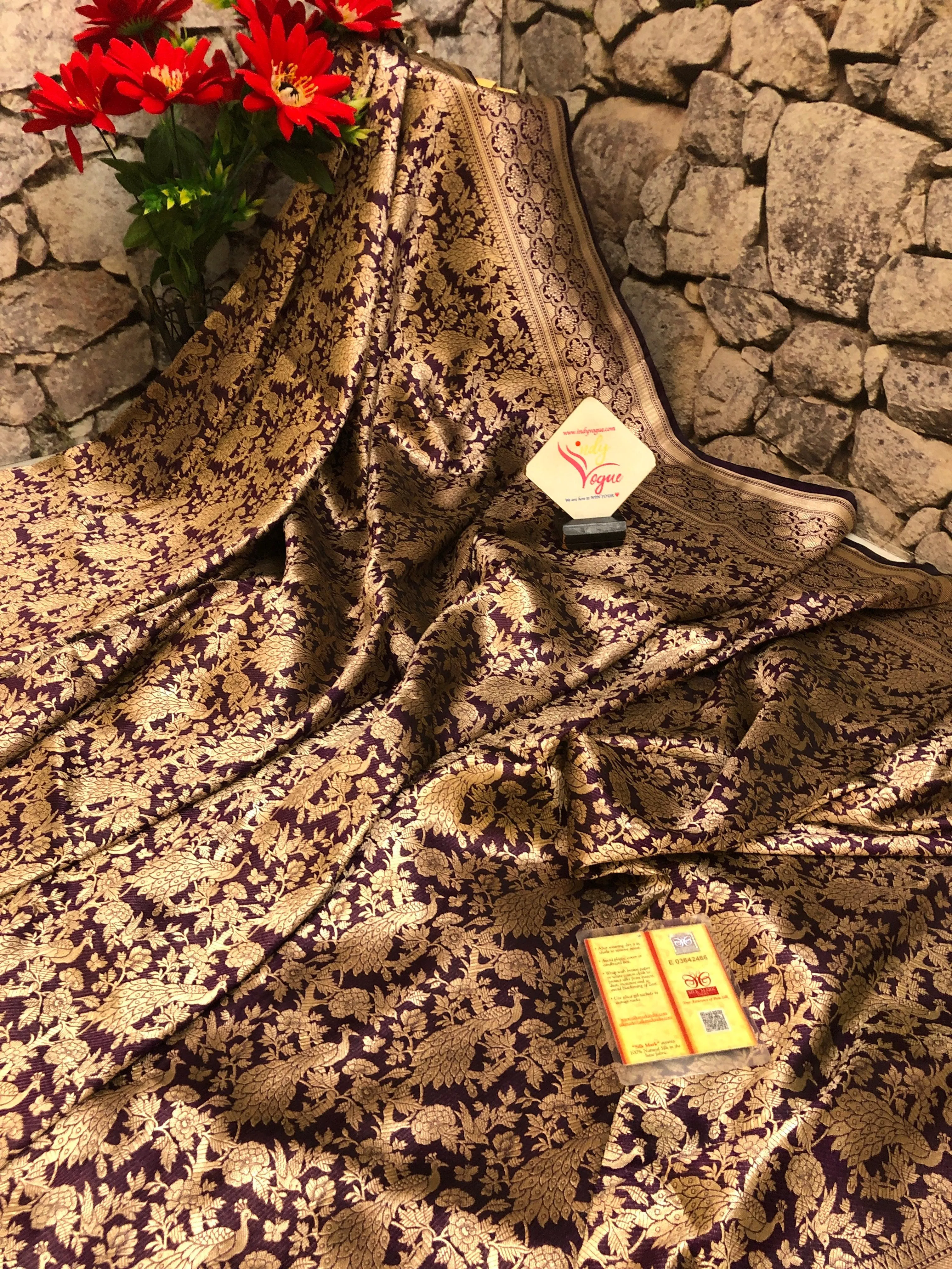 Wine Color Pure Katan Shikargah Banarasi Saree