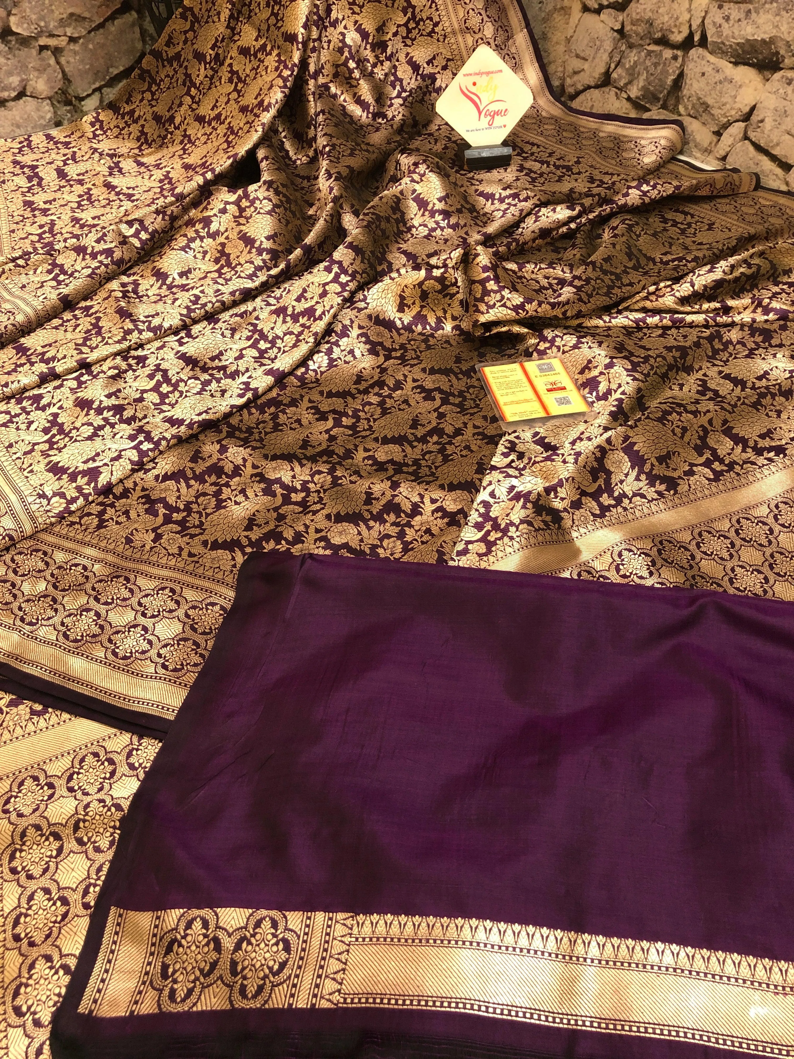 Wine Color Pure Katan Shikargah Banarasi Saree